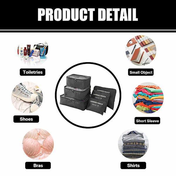 6PCS Reisearrangør Pakkekuber Sett Holdbare Reisebagasjearrangører Koffertoppbevaringsposer Kompresjonsposer for Reisetilbehør