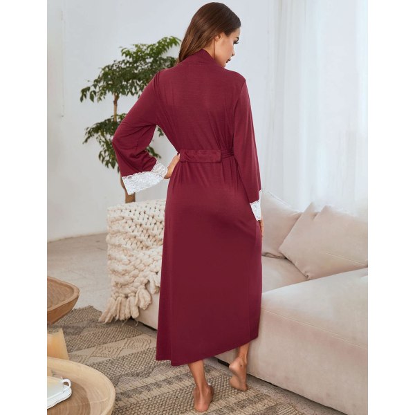 Kimono-kåbe til kvinder Fuld længde badekåbe Letvægts blødt strik nattøj Dame Loungewear, Rød L
