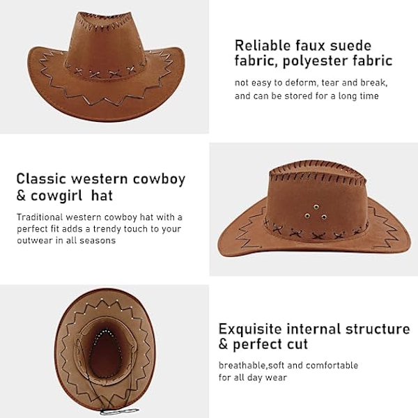 Cowboy-hattu, nahka, leveä reuna, länsimainen, villa, miehille ja naisille, ruskea