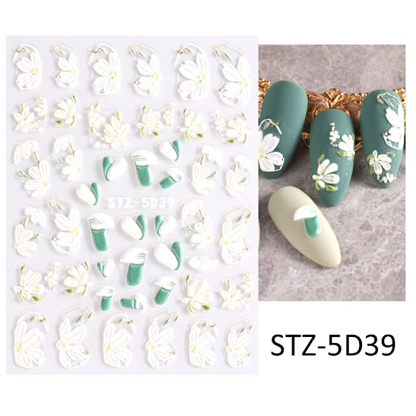 5D Präglade Vårblommor Nagelkonst Stickers Dekaler 4 Ark