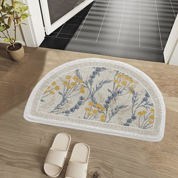 Halvrundt badeværelsestæppe, lille gulvtæppe med blomstermønster, indendørs dørmåtte, skridsikker, vandabsorberende bademåtte til badeværelse, stue, soveværelse (16x24''),