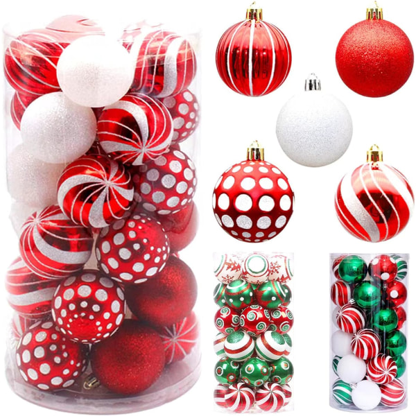 Julekugler Sæt 30 Stk 6CM Juletræskugler Ornamenter til juletræ Rød & Hvid & Grøn Træpynt Grantræ Ornamenter Kugler Jul