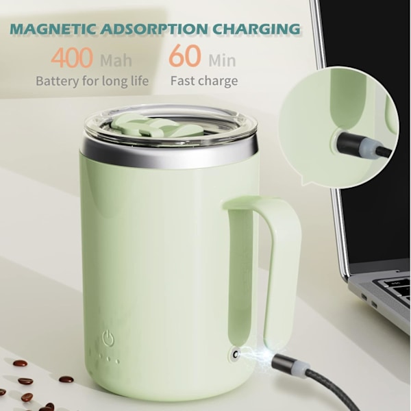 Genopladelig Selvrørende Kop - Magnetisk Adsorptionsopladning | Elektrisk Selvrørende Rustfri Stålkop 400ml/13.5oz (Grøn)