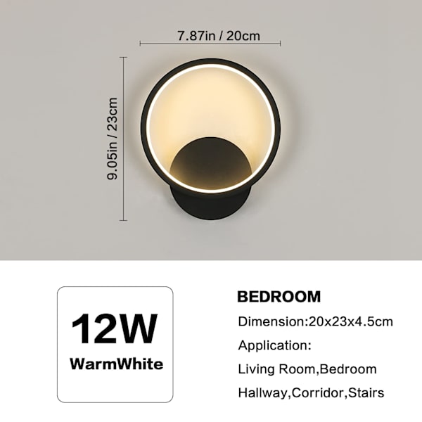 Led indendørs væglampe sort rund varm hvid 12W 3000K
