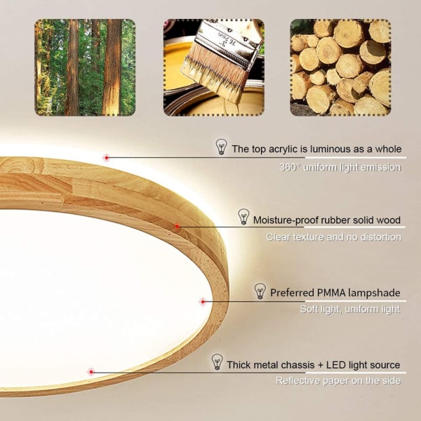 Træ LED loftslampe | Top 360° Glød Træ Loftslampe | Varmt hvid 3000K 18W | Runde træloftslamper Ø30 cm | Lounge, stue, køkken