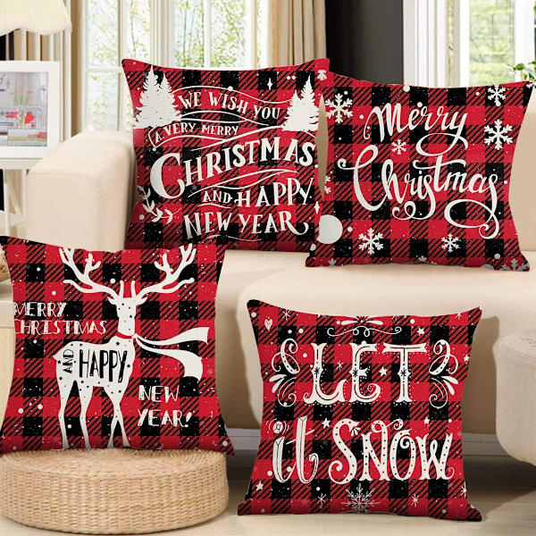 Jul Kuddfodral Set om 4, Linne Juldesign Kuddfodral Jul Kvadratisk Kuddfodral för Hem Juldekoration