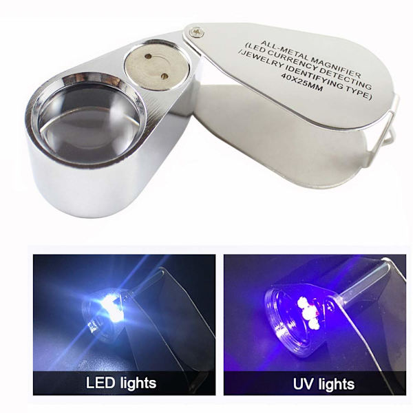 Metallinen taittuva jalokivikauppiasluuppi 40 x LED-valolla