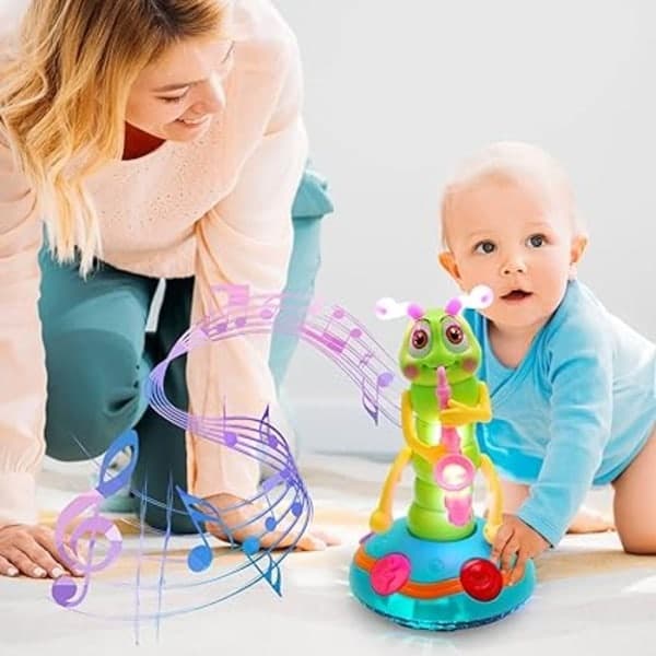 Elektrisk larve-saksofonleke for barn, dansende saksofonlarve med musikk og LED-lys, morsom