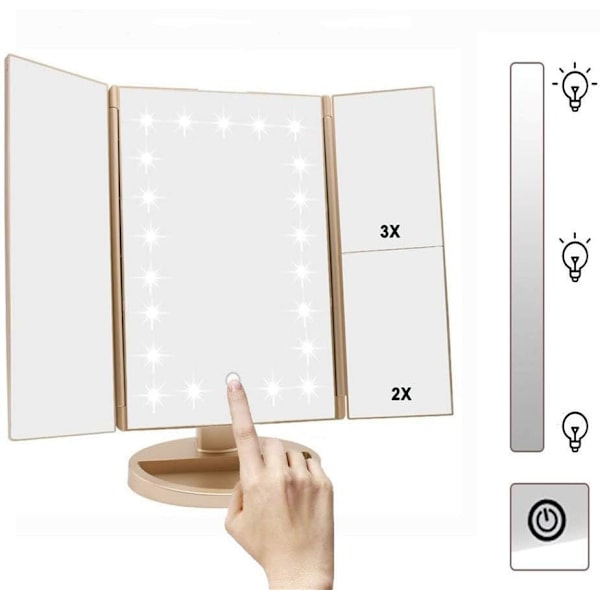 Folds Belyst Makeup Spejl, 1X/2X/3X Forstørrelse, 21 LED Lys Bord Spejl med Touch Skærm, 180 Justerbar Rotation