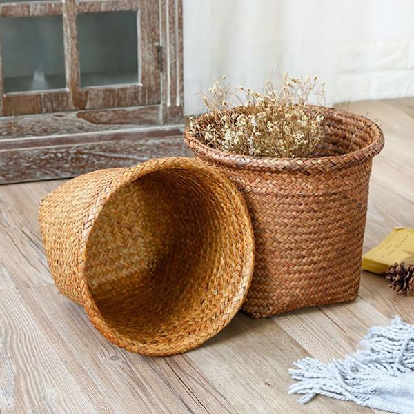 2 stk Rattan søppelbøtte Seagrass oppbevaringskurv Straw vevd rund søppelbøtte Flettverk søppelbøtte Papiravfall beholder Tøykurv for hjemmet Kontor