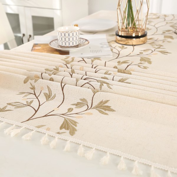 Beige Rektangulær Flekkbestandig Duk Vaskbar Bomull og Lin Bordduk med Brun Bladbroderi & Frynser 140 x 180 cm