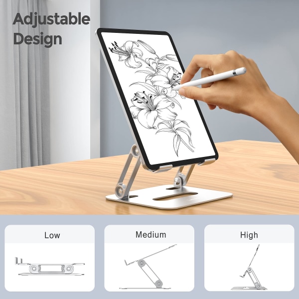 Nettbrettstativholder for skrivebordsjusterbart sammenleggbart bordstativ i aluminium E-Reader Sølv
