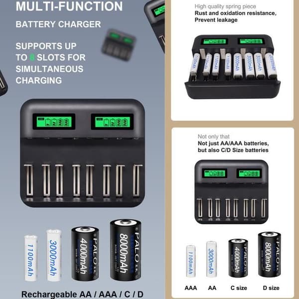 8-spors lader AA AAA batterier CD Oppladbart batteri, Multifunksjonell Smart LCD USB Batterilader