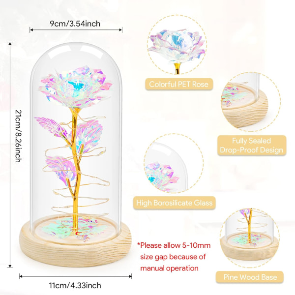 Naisten lahjat, ikuinen ruusu lasissa LED-valolla, lahja äidille, tyttöystävälle, vaimolle, keinotekoiset ruusukukat lasikuvussa äitienpäivänä