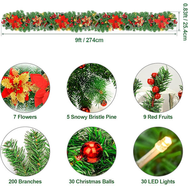 Julekranse, Juleguirlande med Lys, 2,7 m Krans Ornamenter Lys, Julepynt, Julekranse til Hoveddør Red