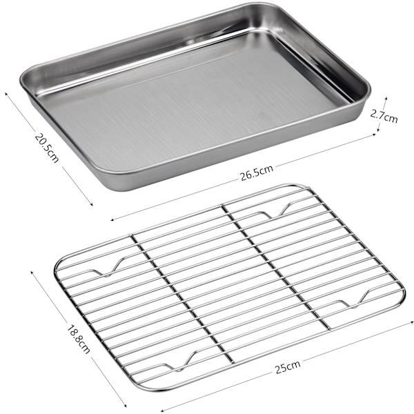 Stekebrett med rist, rustfritt stål Toasterform Kake med kjølerist 1 brett 26,5x20x2,5CM +1 rist 26,5x20x2,5CM, robust, enkel rengjøring Tåler oppvaskmaskin