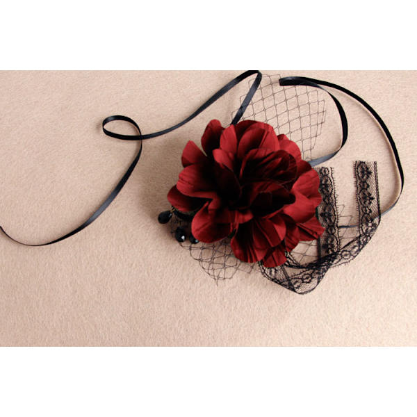 Masquerade Mesh Veil Hovedbånd med Bourgogne Blomst Sort Blonder