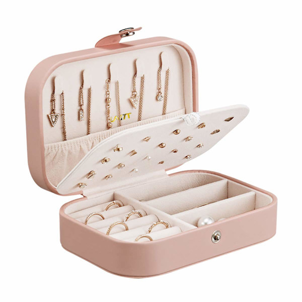 Smykkeæske Organiser Lille Rejse PU Læder Smykkeopbevaringsboks til Ringe Øreringe Halskæde Armbånd Kunstlæder Smykke Gaveæske (Pink)