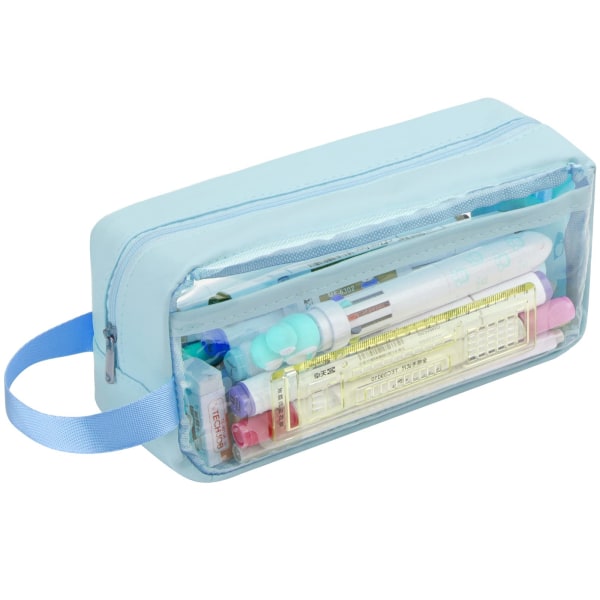 Gjennomsiktig blyantveske, gjennomsiktig eksamenspennal, vanntett PVC-oppbevaringspose med klar toalettsaker – ideell for skrivesaker, kosmetikk, sminke, Trave (blå)