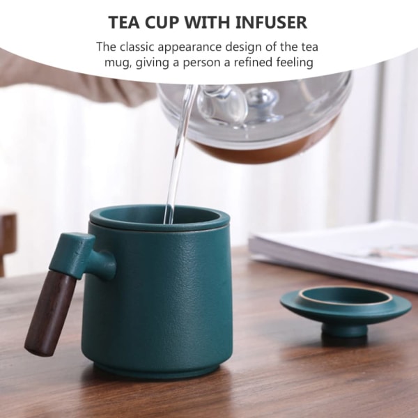 Keramisk Tekopp med Te-infuser og Lokk Tekrus Kopper i Trehåndtak Pottetekopp med Filter Kaffe Krus Melkekrus, 400ml