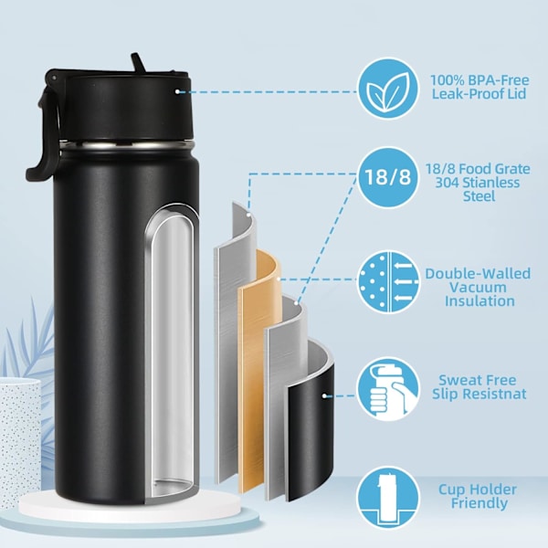 18oz Isolerte Vannflaske for Barn, Rustfritt Stål Vannflasker med Straw Lopp, Dobbelvegget Vakuum Gjenbrukbar Metall Termisk Vannflaske