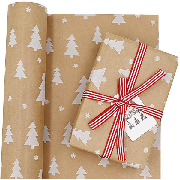 43cmx15M Roll Package Christmas Gift Wrapping Paper,Kraft Paper with Christmas Tree Recyclable Gift Paper