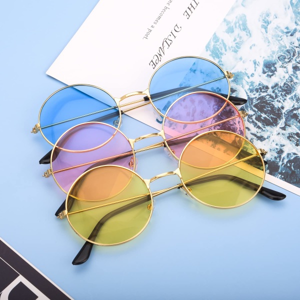 3 stk. Hippie solbriller - Runde solbriller med metalrammer Retro cirkelbriller til Fancy Dress Hippie kostumetilbehør (Pink, Blå, Gul)