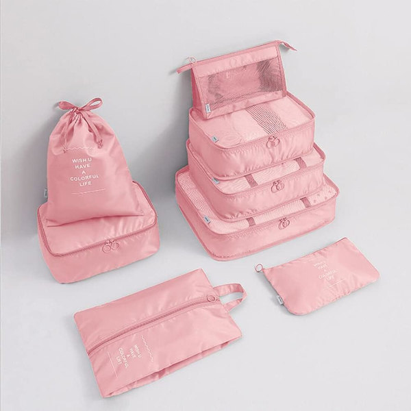 Multifunktionell 8-delad rese-set med packningskuber, vattentät resekompressionsväska, resetillbehör, rosa