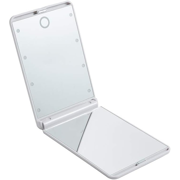 Bärbar LED-upplyst sminkspiegel med 8 dimbara LED-lampor, Touch-switch rese-sminkspiegel, Vikbar kompakt spegel 1X & 2X förstoring