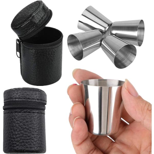 Stk 30ml Rustfrie Shotglass Uknuselige Vinglass Schnapps Kopper med 1 Stk Bærbar Svart Lærveske Sett