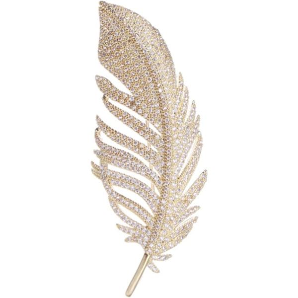 Guld Rhinestone Fjäder Brosch Pin för Kvinnor Män Mode Kristall