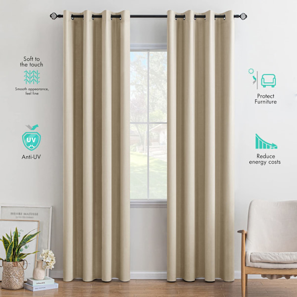 Sæt med 2 mørklægningsgardiner, termo-isolerede, anti-UV, solbeskyttelse, dekoration til stue, køkken, soveværelse 132X160CM(LXH) Beige