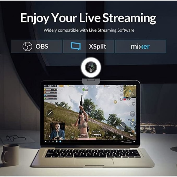 Webkamera 1080P HD med innebygd justerbar ringlys, mikrofon og avansert autofokus (AF) for streaming på Xbox One, Facebook og YouTube