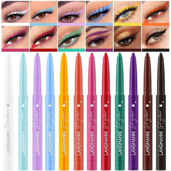 12 farger matt eyelinersett, fargerik regnbue neon eyeliner, glatt, vanntett, flekkersikker, langvarig gel eyeliner