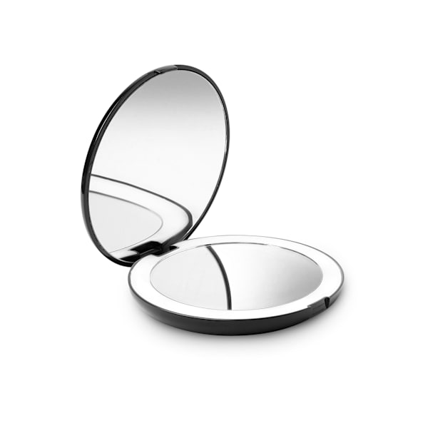 Bärbar fickspiegel Tvåsidig sminkspiegel med LED-belysning, 2x/10x förstoring, Stor 9 cm upplyst rese-spegel (Svart)
