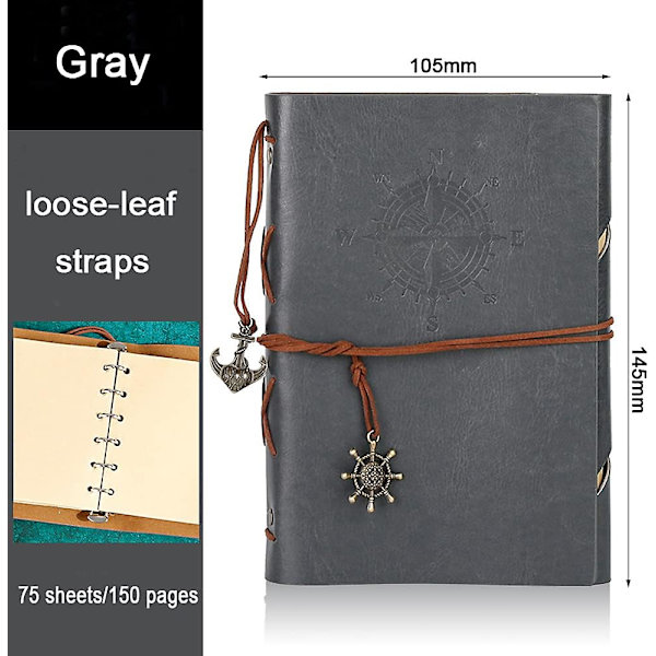 Vintage Retro PU Læderomslag Notesbog Journal Dagbog, Nautisk Spiral Tom Streng Daglig Notesblok Rejse til at Skrive i, Kraftpapir, Retro Vedhæng Silver gray