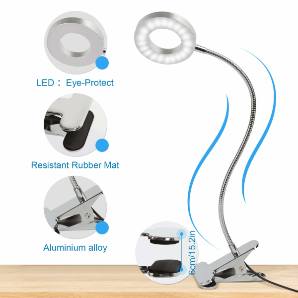 48 LED Clamp Skrivebordslampe 360° Fleksibel Clip-on læselampe Sølv