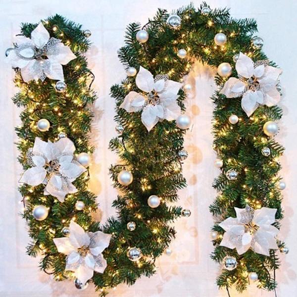 Julekranse, Juleguirlande med Lys, 2,7 m Krans Ornamenter Lys, Julepynt, Julekranse til Hoveddør Blue