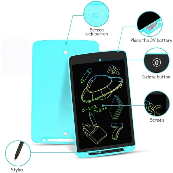 LCD skrivetablet 12 tommer - Farverig skærm Doodle Pad tegnebræt Læring pædagogisk legetøj - Gave til børn 3-6 år gammel pige dreng (blå)