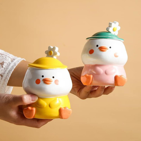 Rolig gul anka kopp söt mugg keramik kaffemugg med sked Kawaii mjölkte mugg med lock 3D djur mugg