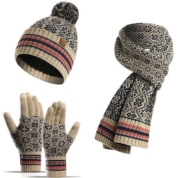 Vinterhue, halstørklæde og touch screen-handsker (beige)