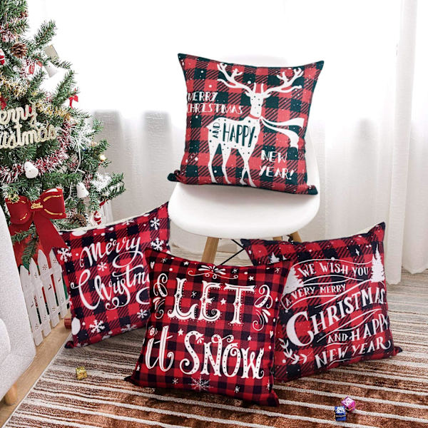 Jul Kuddfodral Set om 4, Linne Juldesign Kuddfodral Jul Kvadratisk Kuddfodral för Hem Juldekoration