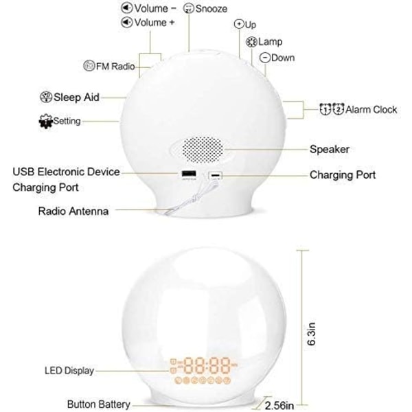Solopgang Alarmure, Vågn Op Lys med Solopgang/Solnedgang Simulation Dobbelt Alarm Natlampe Ved Sengen Snooze Funktion FM Radio
