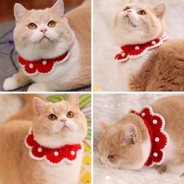Stickad halsduk för husdjur Söt julhalskrage Kappa Rödfärgad halsduk med vit snöbollsdekoration för husdjurshundar Katter (liten)
