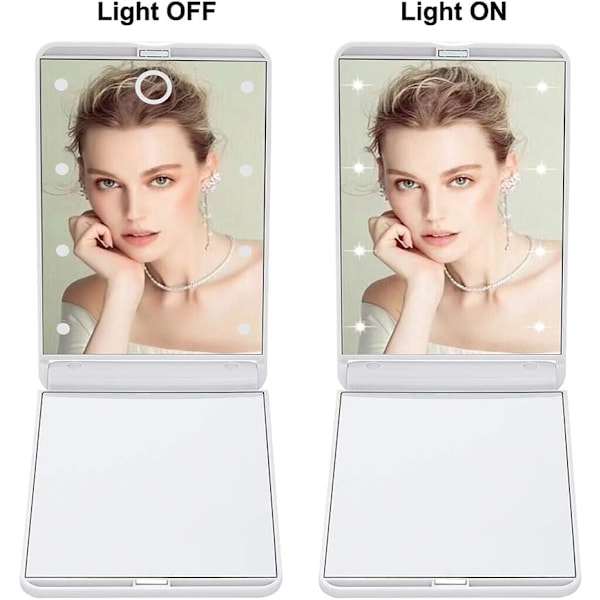 Bärbar LED-upplyst sminkspiegel med 8 dimbara LED-lampor, Touch-switch rese-sminkspiegel, Vikbar kompakt spegel 1X & 2X förstoring