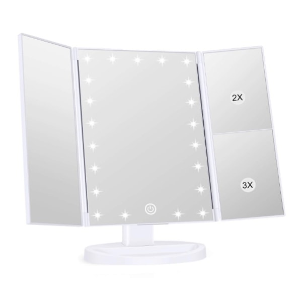 Makeup Spejl med LED Lys Spejl med Touch Screen Forstørrelse 30% Fold 2X 3X 10X Forstørrelse 180° Fri Rotation Dual Power (Hvid)