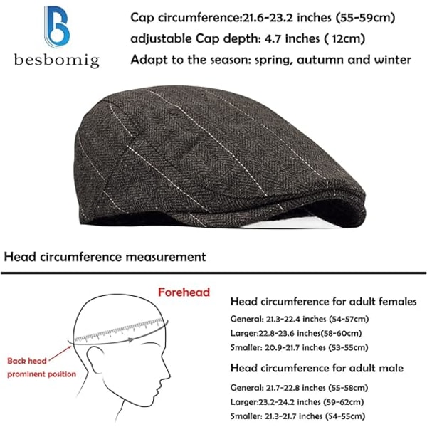 Herre Tweed Flat Cap Driving Hat Newsboy Cap - Justerbar Fashion Newsboy Irish Beret Hat, Autumn Winter, 55-59CM