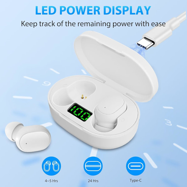Trådløse ørepropper, Bluetooth 5.3 In-Ear Hodetelefoner, Stereo Lyd, En-Trykkstyring, Enkel Paring, 30 Timer Spilletid, LED-Skjerm