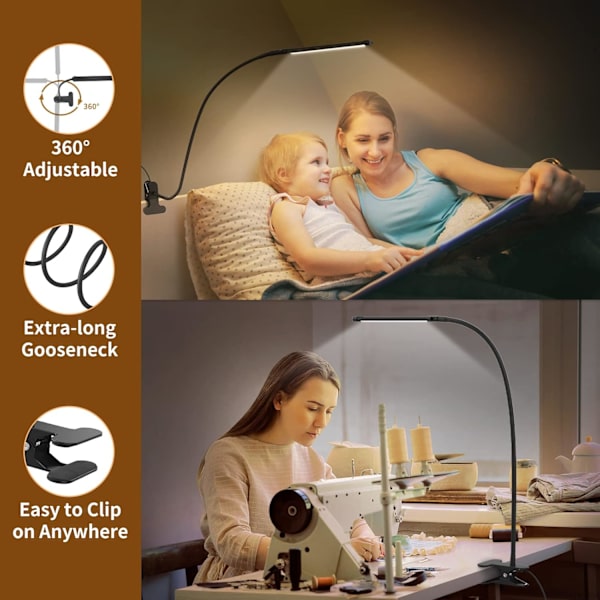 Dimbar LED-skrivbordslampa - 【3 färgtemperaturer & 10 ljusstyrkenivåer】40 cm flexibel svanhals, enkel klämma på läslampa, arbetslampa för hem/kontor