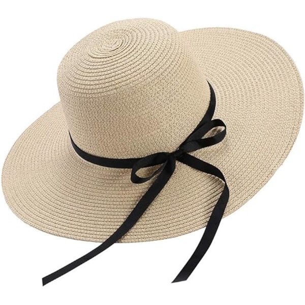 Stråhatt för damer, sommarbowknot strandhatt UV-skydd UPF50+ Bred brättad diskett damer, herr, stråsolhatt Packbar semesterstrandtillbehör